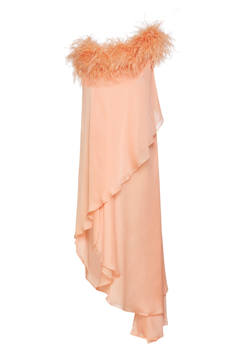Isla Dress – Asymmetric Feather-Trimmed Chiffon Maxi Dress