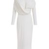 Luna Dress – White Long Sleeve Draped Midi Dress