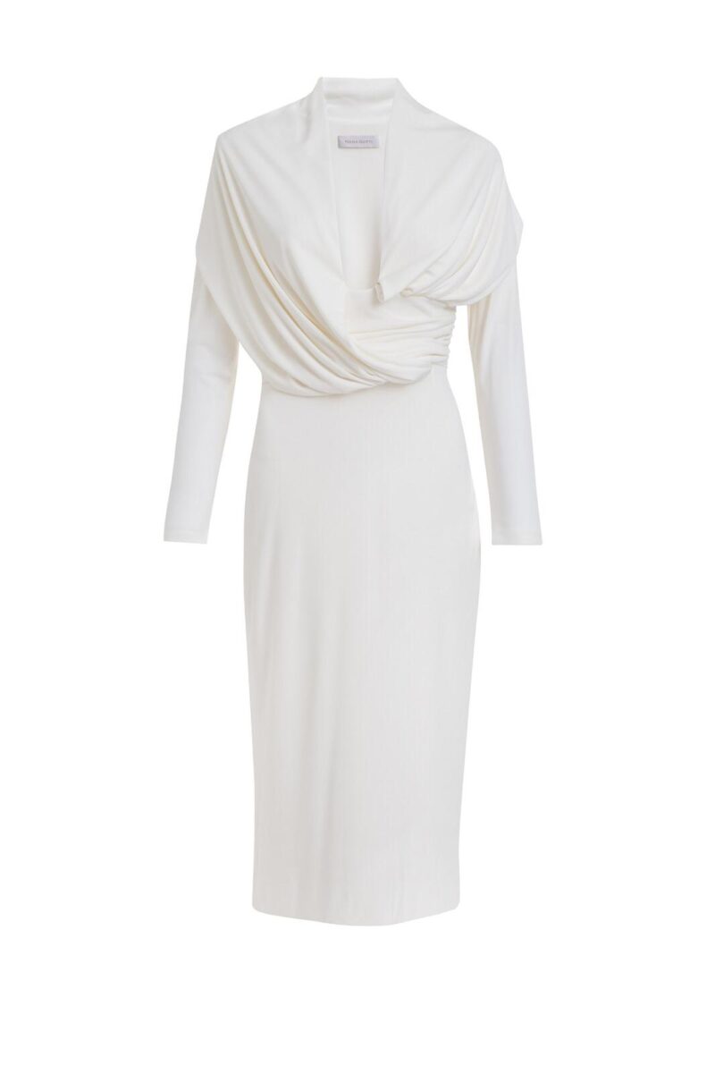 Luna Dress – White Long Sleeve Draped Midi Dress