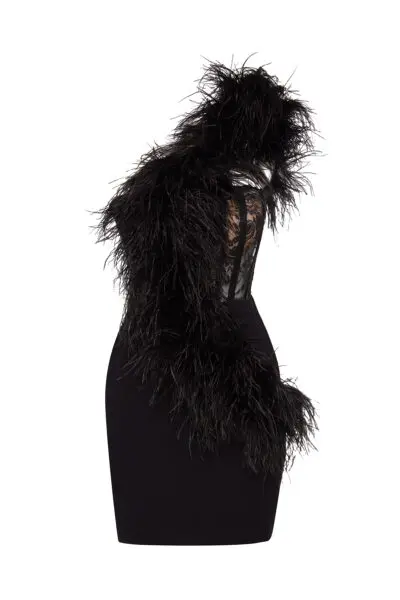 Fae One-Shoulder Mini Dress with Feather Trim