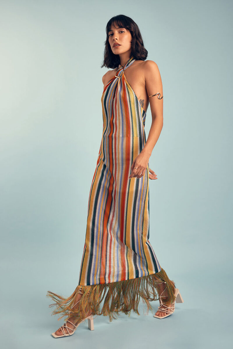 Tulani Halterneck Fringe Maxi Dress in Multicolor Knit