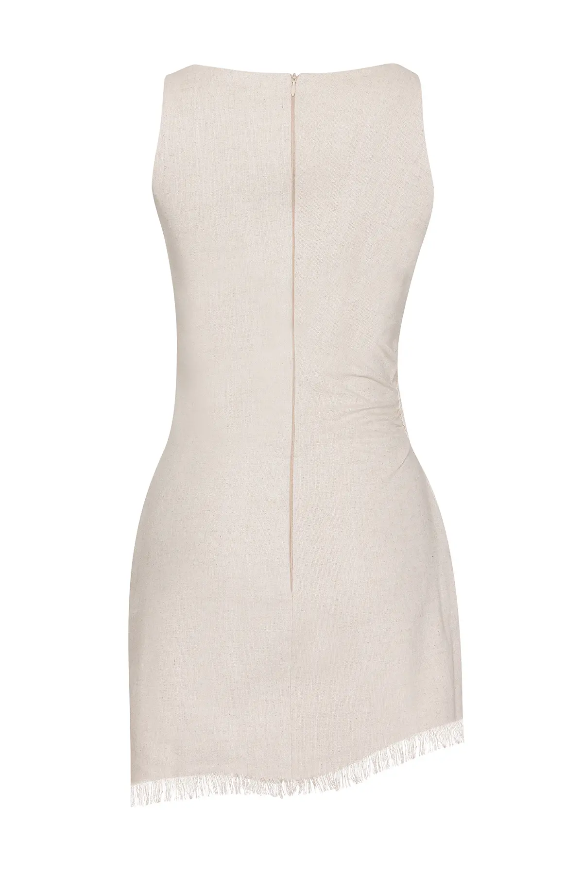 Balin Beige Ruched Mini Dress with Fringe Hem - Image 3