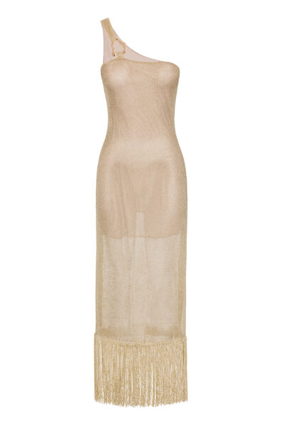 This is a gold-toned, one-shoulder mesh dress with a metallic sheen. It features a decorative gold buckle on the strap and a long fringe at the hem for a playful finish. The translucent fabric offers a stylish, layered look.
