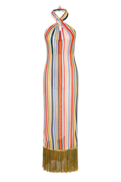 Tulani Halterneck Fringe Maxi Dress in Multicolor Knit