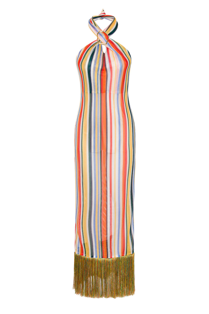 Tulani Halterneck Fringe Maxi Dress in Multicolor Knit