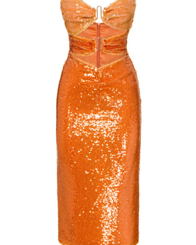 Orange sequin dress with strapless cut-out bodice, central clasp, and fitted silhouette.