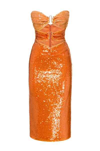 Orange sequin dress with strapless cut-out bodice, central clasp, and fitted silhouette.
