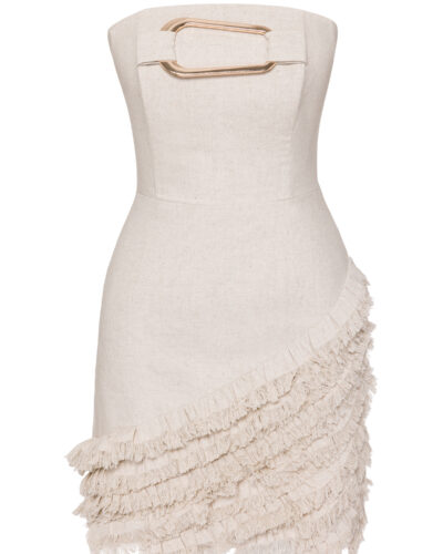 Beige strapless mini dress with gold buckle detail and tiered fringe skirt.