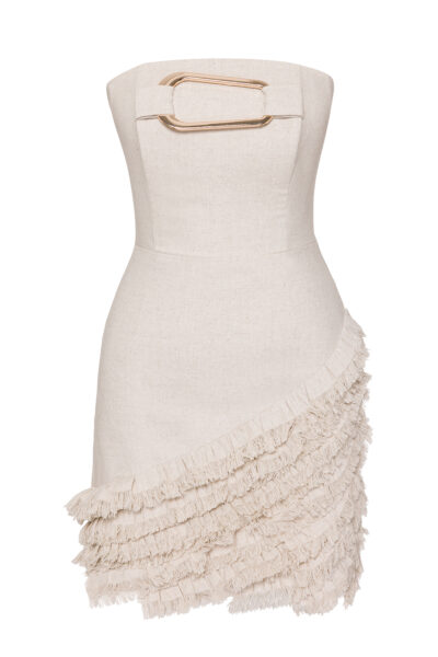 Beige strapless mini dress with gold buckle detail and tiered fringe skirt.