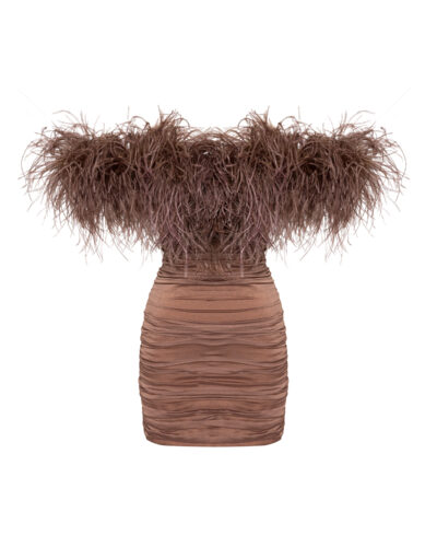 Bold off-the-shoulder mini dress in warm taupe or cocoa brown, featuring a feathery neckline for vintage Hollywood glamour.