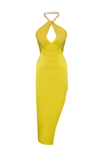 Yellow Halterneck Dress with Gold Chain Detail