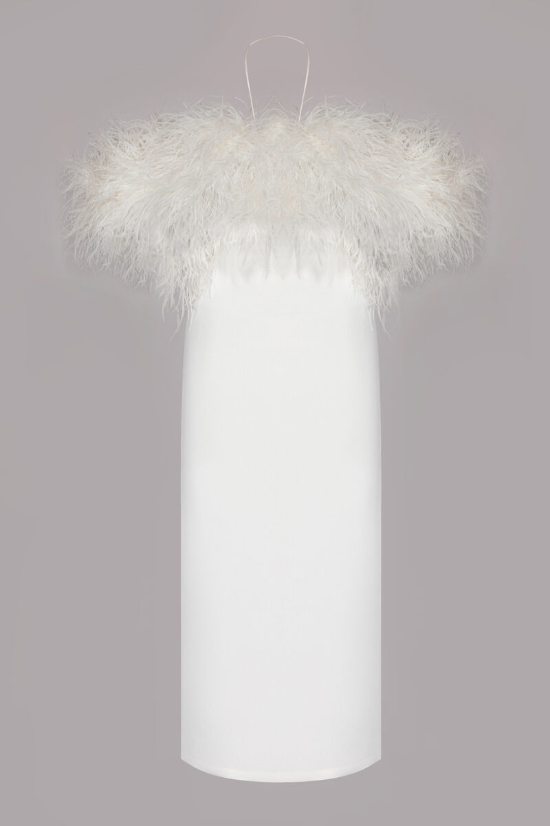Monique Off-Shoulder Feather Midi Dress