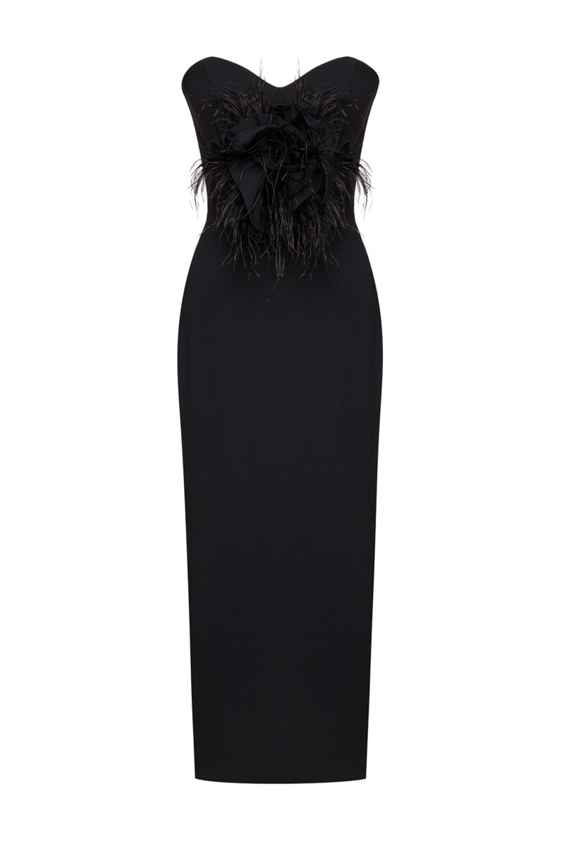 Zara Dress – Strapless Black Midi with Floral & Feather Detail