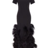 Black dress with short sleeves and feather detailing at the bottom hem.