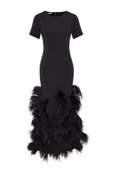 Black dress with short sleeves and feather detailing at the bottom hem.