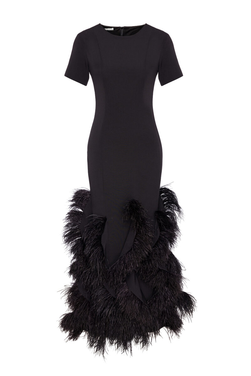 Black dress with short sleeves and feather detailing at the bottom hem.