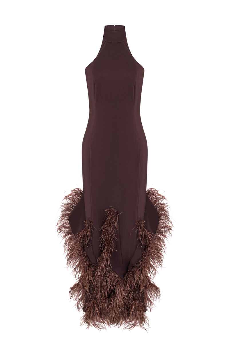 Brown Halter Evening Gown with Feather Trim Hem – Elegant Maxi Dress