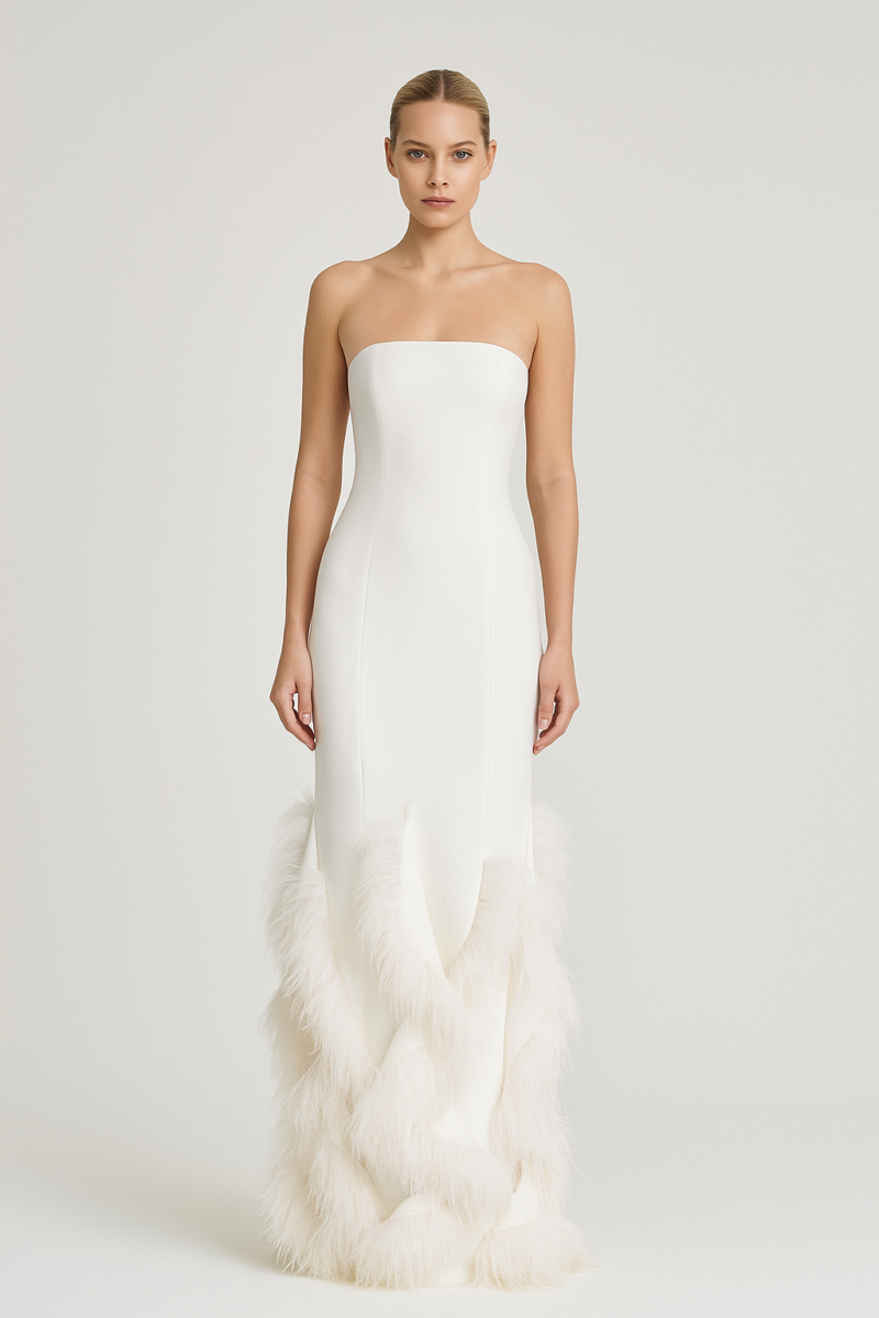 Gaia Feather-Embellished Strapless Bridal Gown