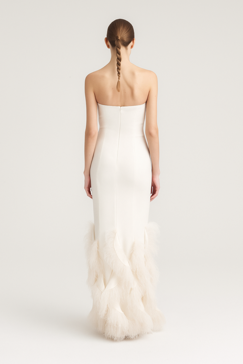 Gaia Feather-Embellished Strapless Bridal Gown
