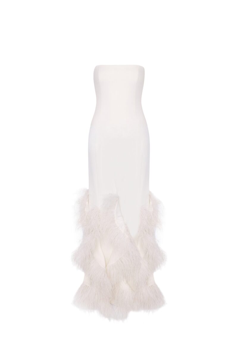Gaia Dress – Strapless Ivory Bridal Gown with Feather Embellishments