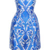 A bold strapless mini dress in structured twill satin, featuring a blue-and-white İznik tile print and a voluminous bubble skirt for a sculpted silhouette.