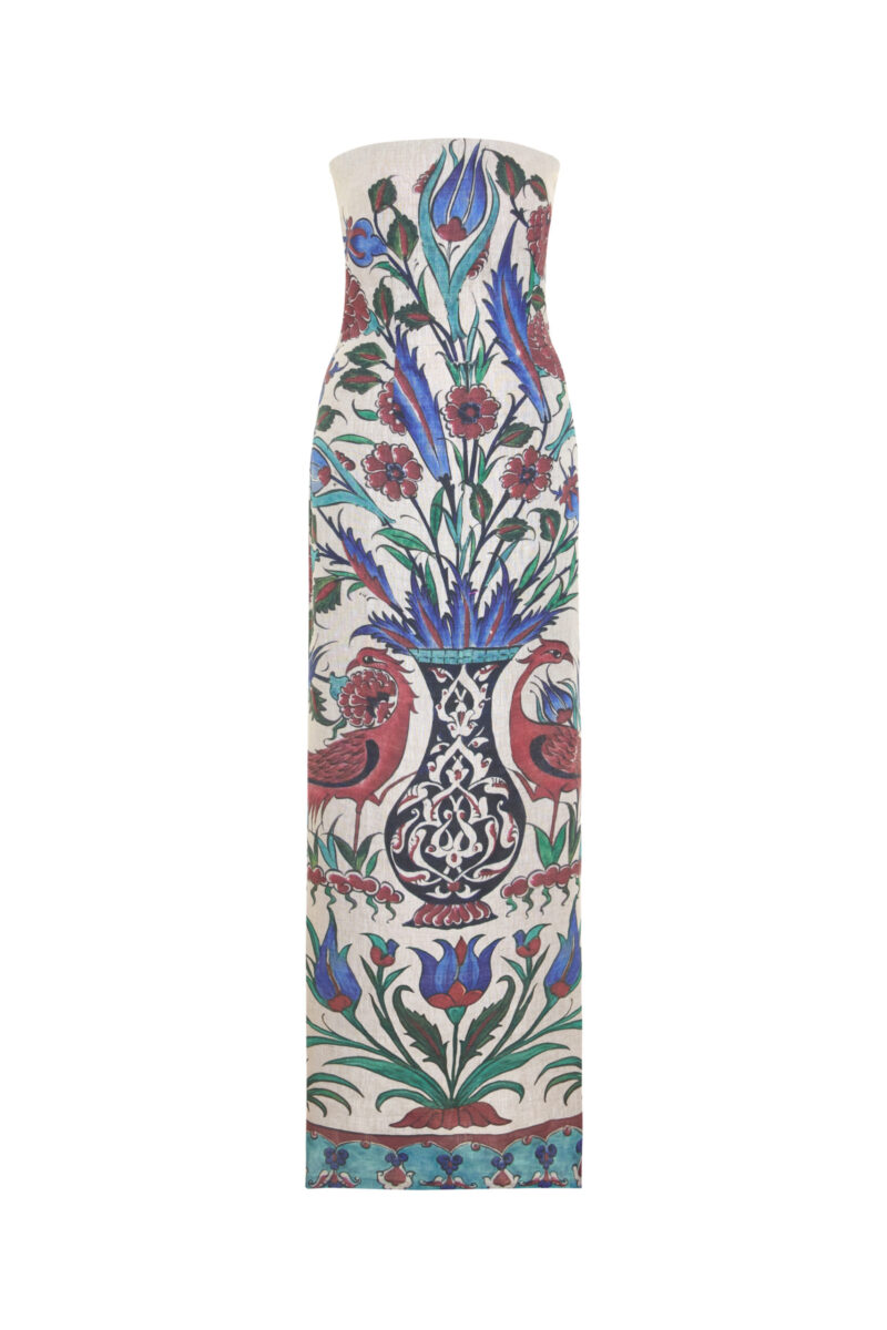 Sarnic Dress – Strapless Printed Linen Column Dress