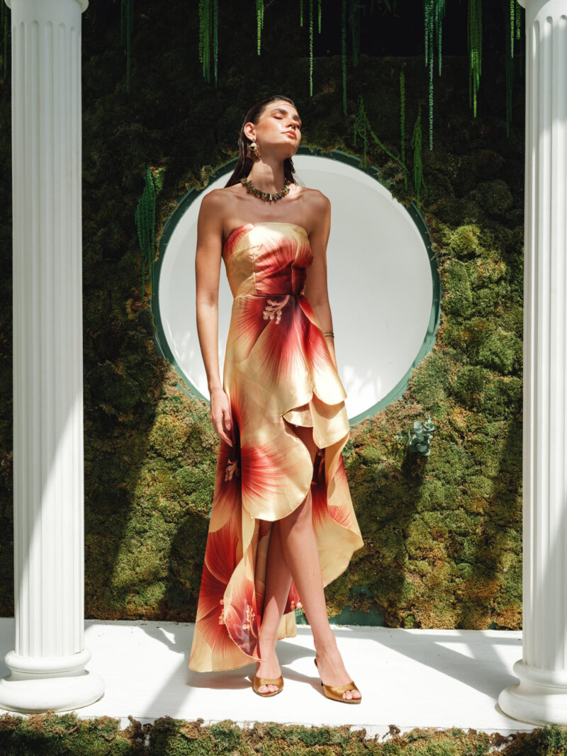 Alinda – Bold Floral Mikado Satin High-Low Dress