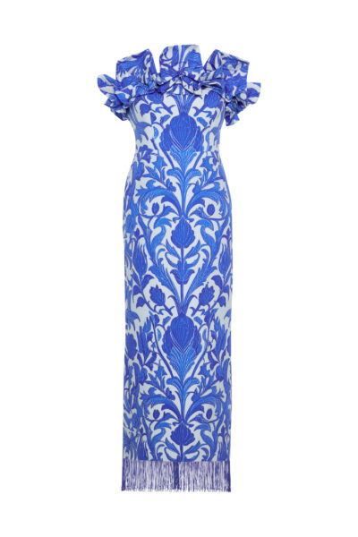 Strapless Elaia midi dress in stretch gabardine, featuring a ruffled neckline, İznik-inspired print, back slit, and fringe hem for elegant summer styling.