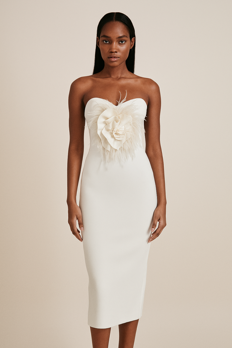 Vala Dress – Strapless White Midi with Floral Detail
