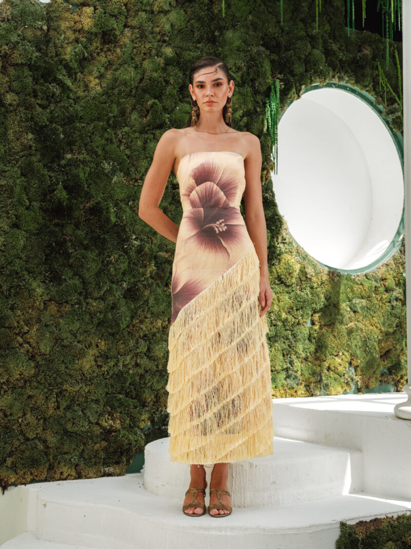 Serena Dress – Printed Linen Midi with Diagonal Fringe