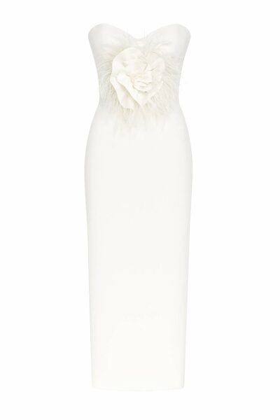 Vala Dress – Strapless White Midi with Floral Detail