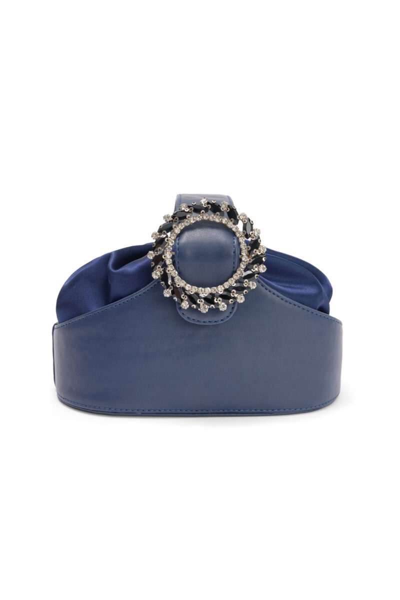 Faux Leather Crux Bag in midnight blue with gathered satin top and crystal-embellished circular buckle – luxury evening handbag”