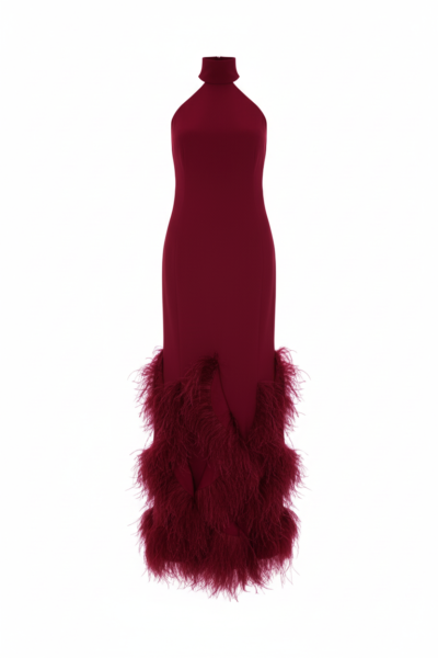 Alara Gown in Bordeaux Crepe with Feather Detail