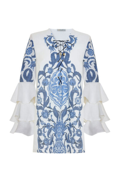 **Thalassa Linen Dress – White Linen Mini with Blue İznik Tile Print and Ruffle Sleeves**
