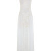 Elegant white Elaia dress crafted from Chantilly lace cord with high neckline, sleeveless silhouette, and flowing chiffon side panels – sophisticated bridal-inspired evening gown.