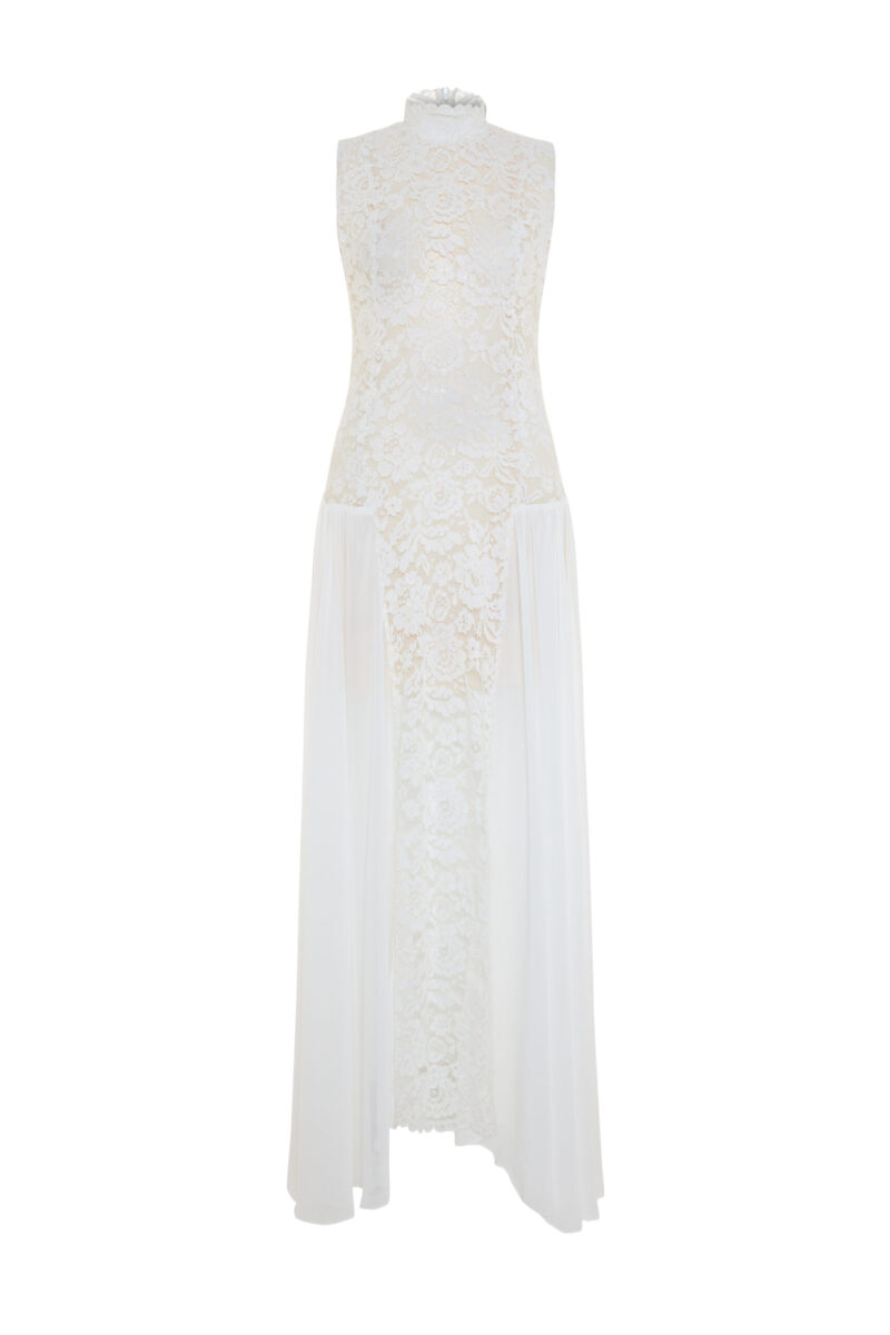 Elegant white Elaia dress crafted from Chantilly lace cord with high neckline, sleeveless silhouette, and flowing chiffon side panels – sophisticated bridal-inspired evening gown.