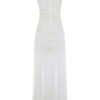 Elegant white Elaia dress crafted from Chantilly lace cord with high neckline, sleeveless silhouette, and flowing chiffon side panels – sophisticated bridal-inspired evening gown.