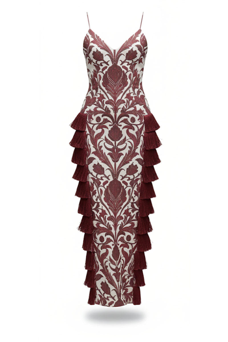 Elara Linen Maxi Dress with Ornamental Print and Fringe Detail
