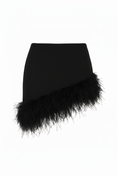 BLACK CREPE FEATHER TRIM MINI SKIRT