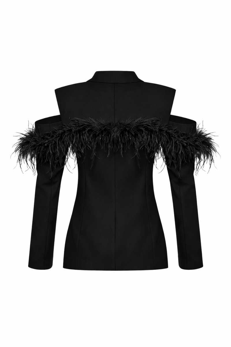 Black Orchid Blazer – Feather-Trim Crepe Blazer
