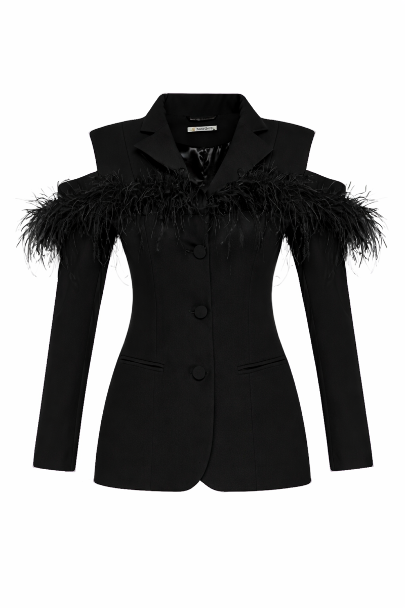 Black Orchid Blazer – Feather-Trim Crepe Blazer