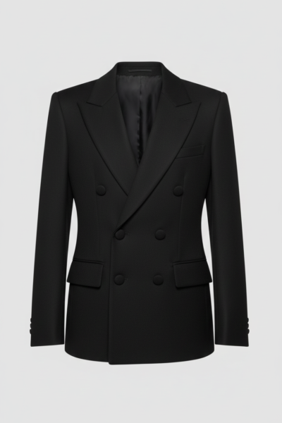 Tailored Double-Breasted Black Blazer in Dragon Flannel