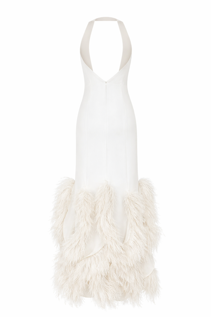 Adeline Halter Crepe Gown with Feather Hem