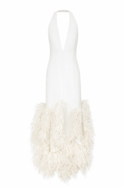 Adeline Halter Crepe Gown with Feather Hem