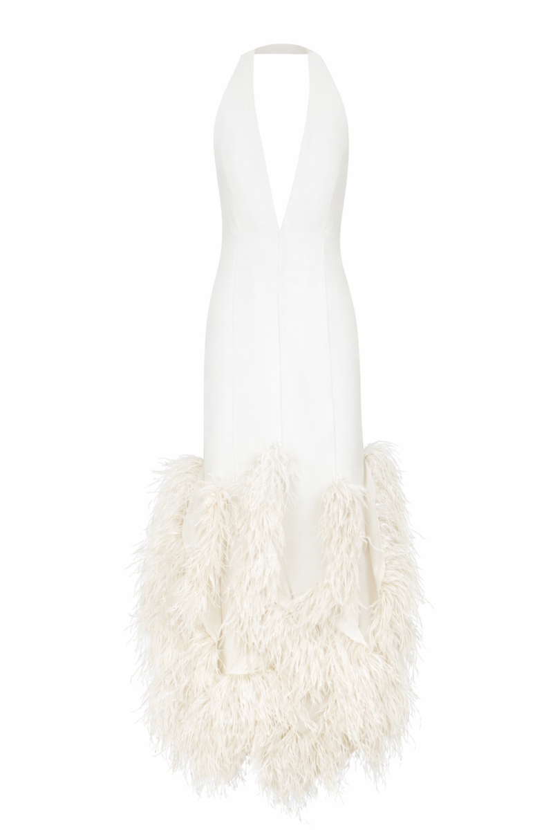 Adeline Halter Crepe Gown with Feather Hem