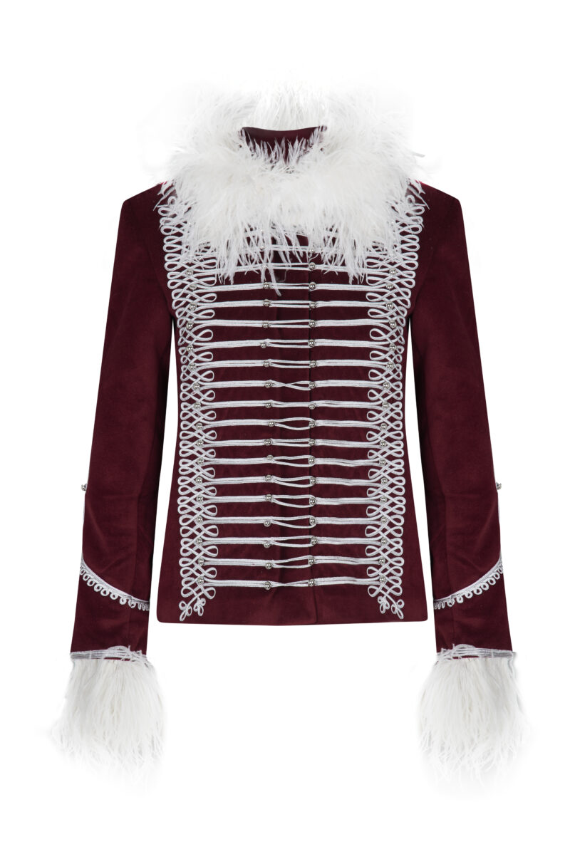 Vireya Blazer – Red Feather Trim Statement Blazer
