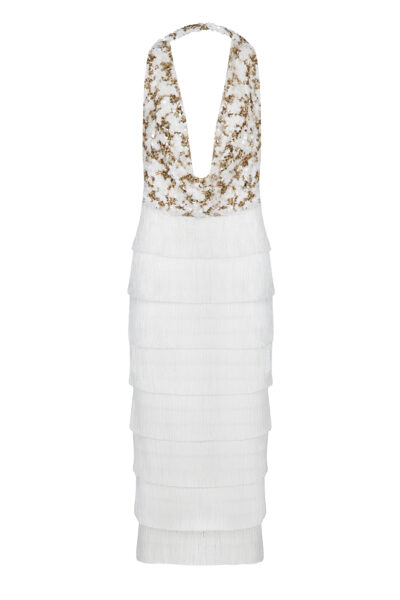 Liora Dress – Ivory Sequin Halter Fringe Gown