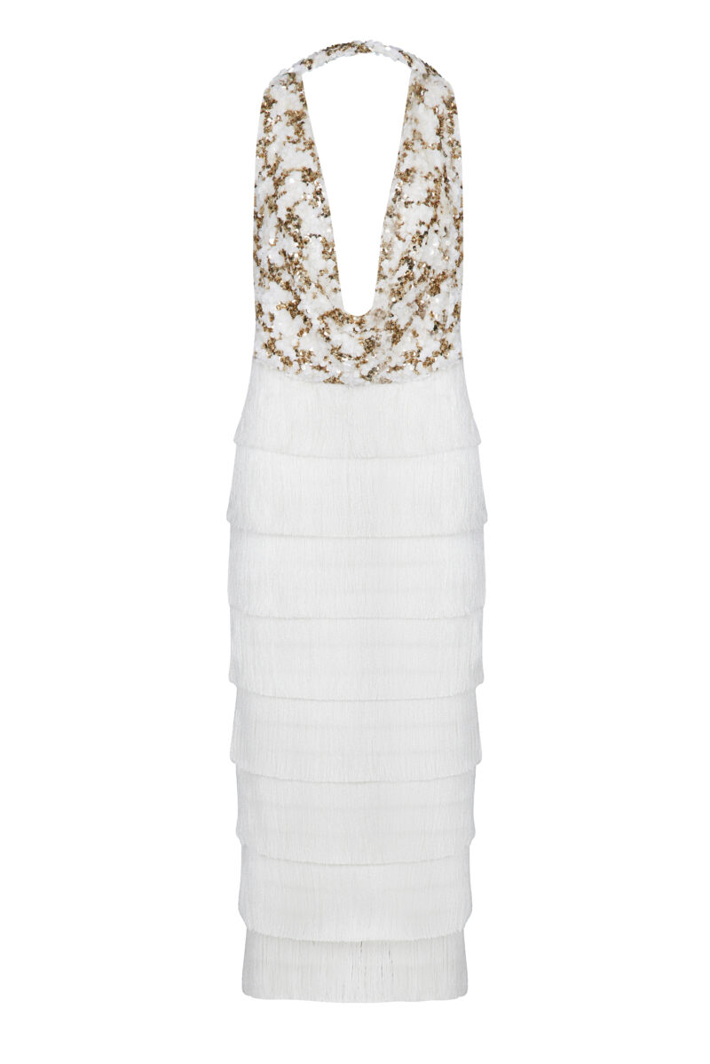 Liora Dress – Ivory Sequin Halter Fringe Gown