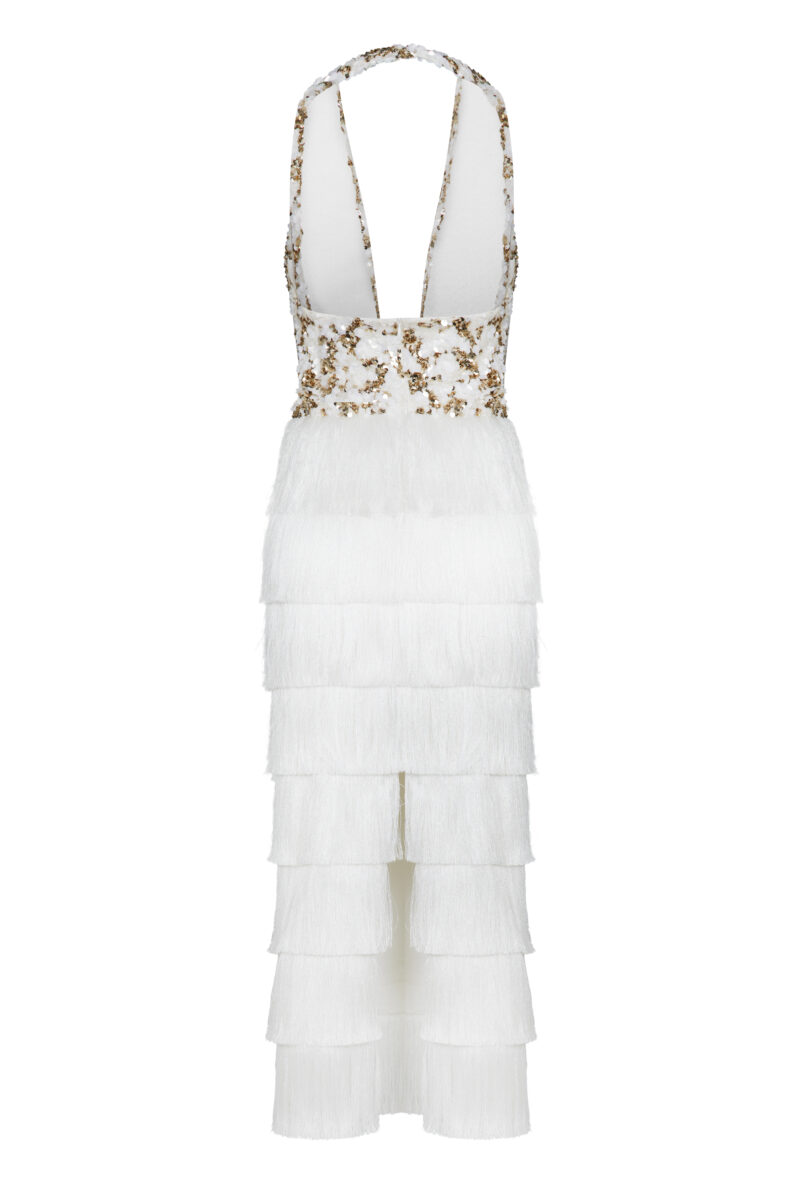 Liora Dress – Ivory Sequin Halter Fringe Gown