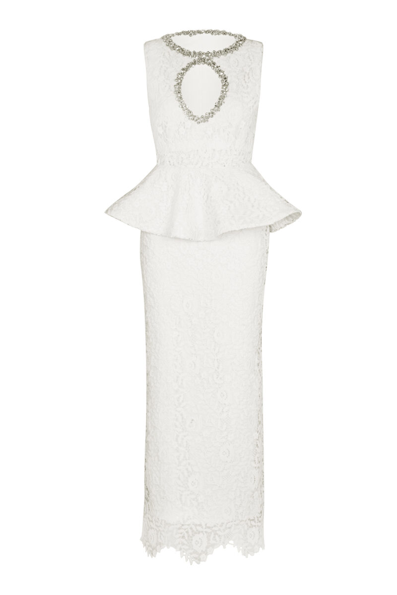 Kalira Dress – White Lace Crystal-Embellished Peplum Midi Dress